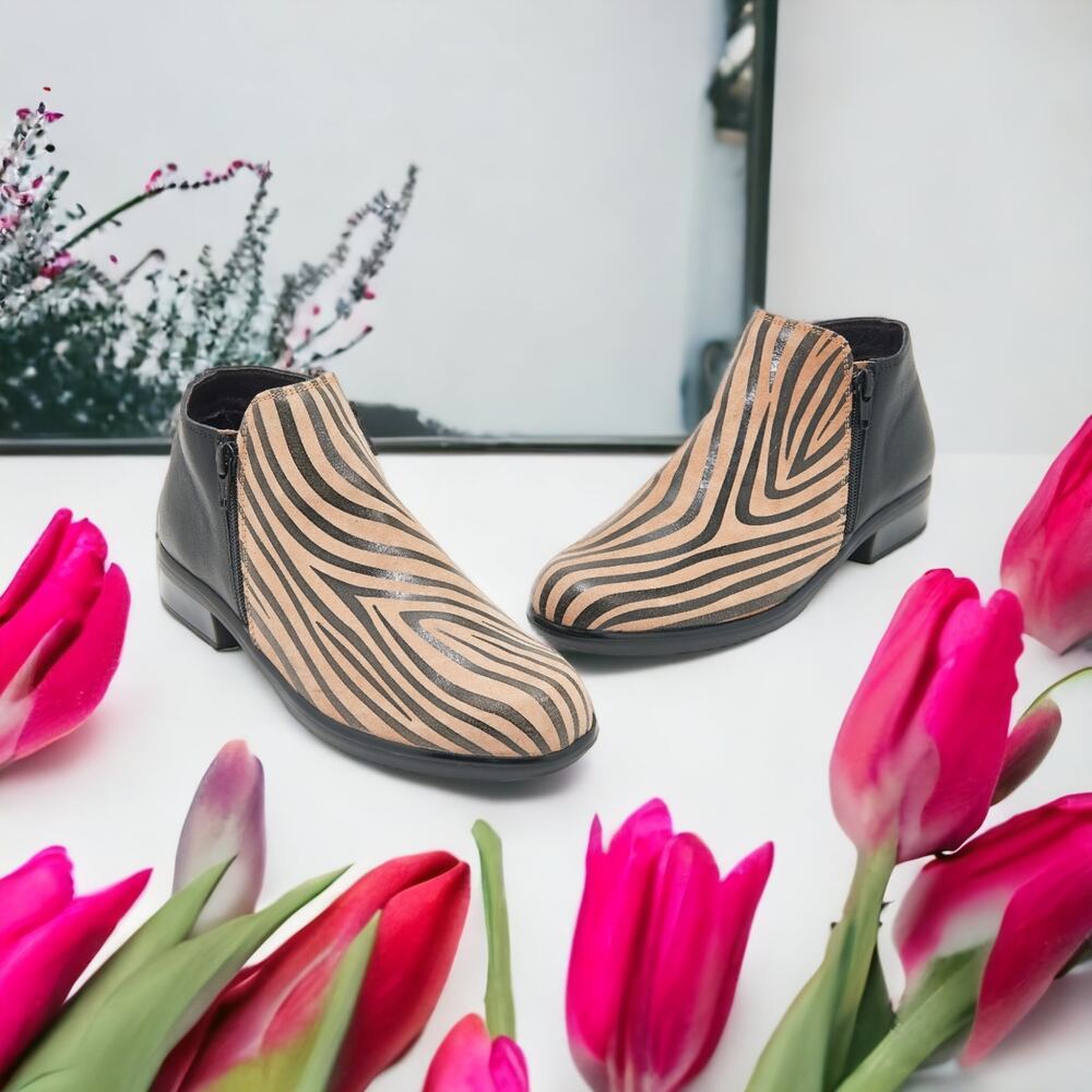 Naot Helm Tan Zebra Print Leather Ankle Boots